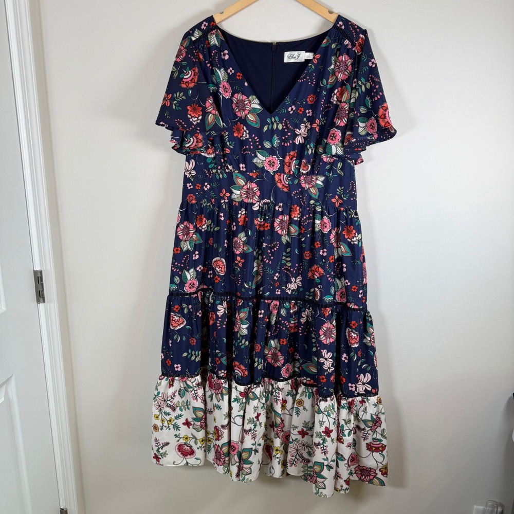 Eliza J Floral Tiered Midi Dress Size 18 Navy Blue Flutter Sleeve V-Neck BOHO